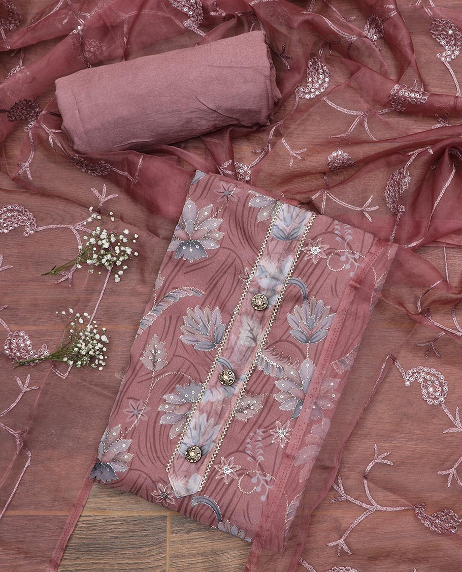 Rose wood pink material chudidar set, floral printed, outline thread embroidered with sequins work top, plain bottom and paisley vine sequins embroidered dupatta