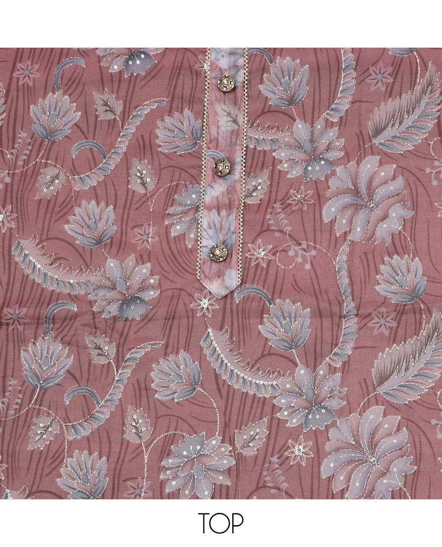 Rose wood pink material chudidar set, floral printed, outline thread embroidered with sequins work top, plain bottom and paisley vine sequins embroidered dupatta