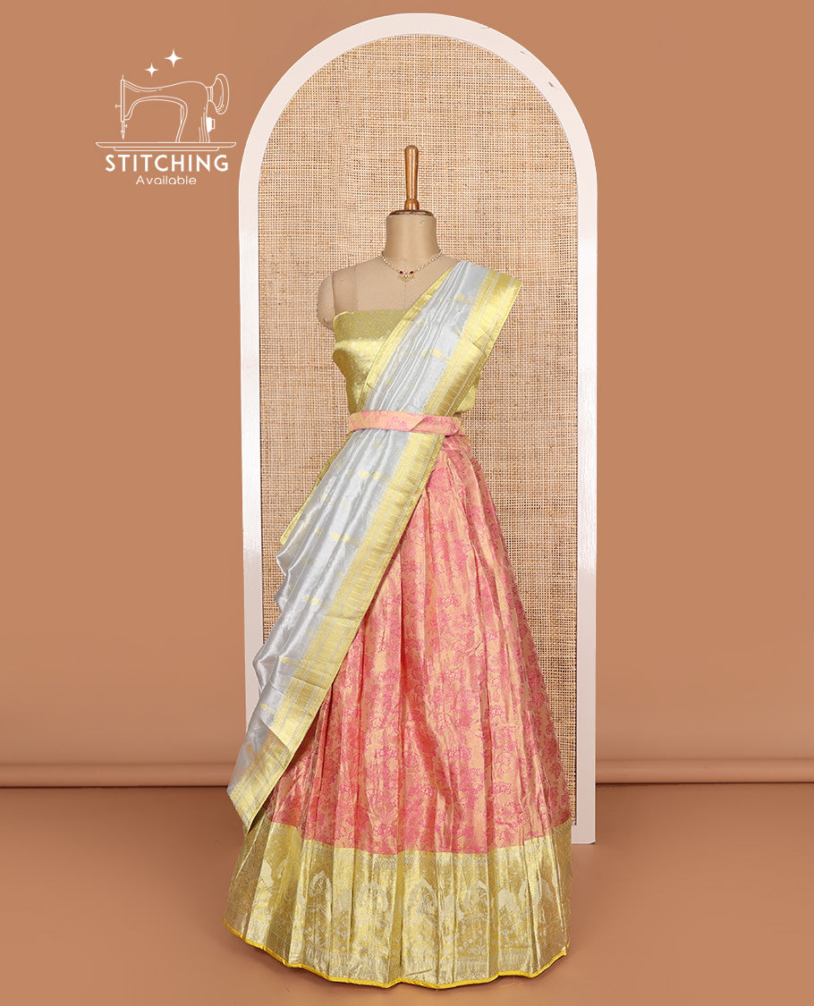 Pink art silk half-saree, floral vine design with contrast traditional zari bordered skirt, contrast jacquard blouse, and traditional motif dhavani