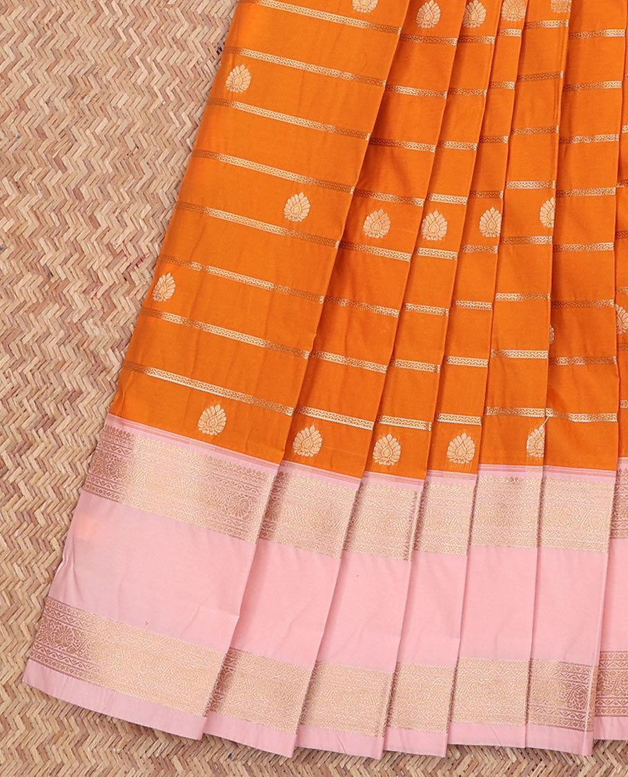 Orange Budget Silk Saree, Beautifully Bedecked with Zari Buttas and Zari Stripes All Over Its Body, Complemented by a Contrast Traditional Zari Design Rettai Pettu Border, Gleaming Pallu of Intricate Designs, and Paired with a Contrast Blouse