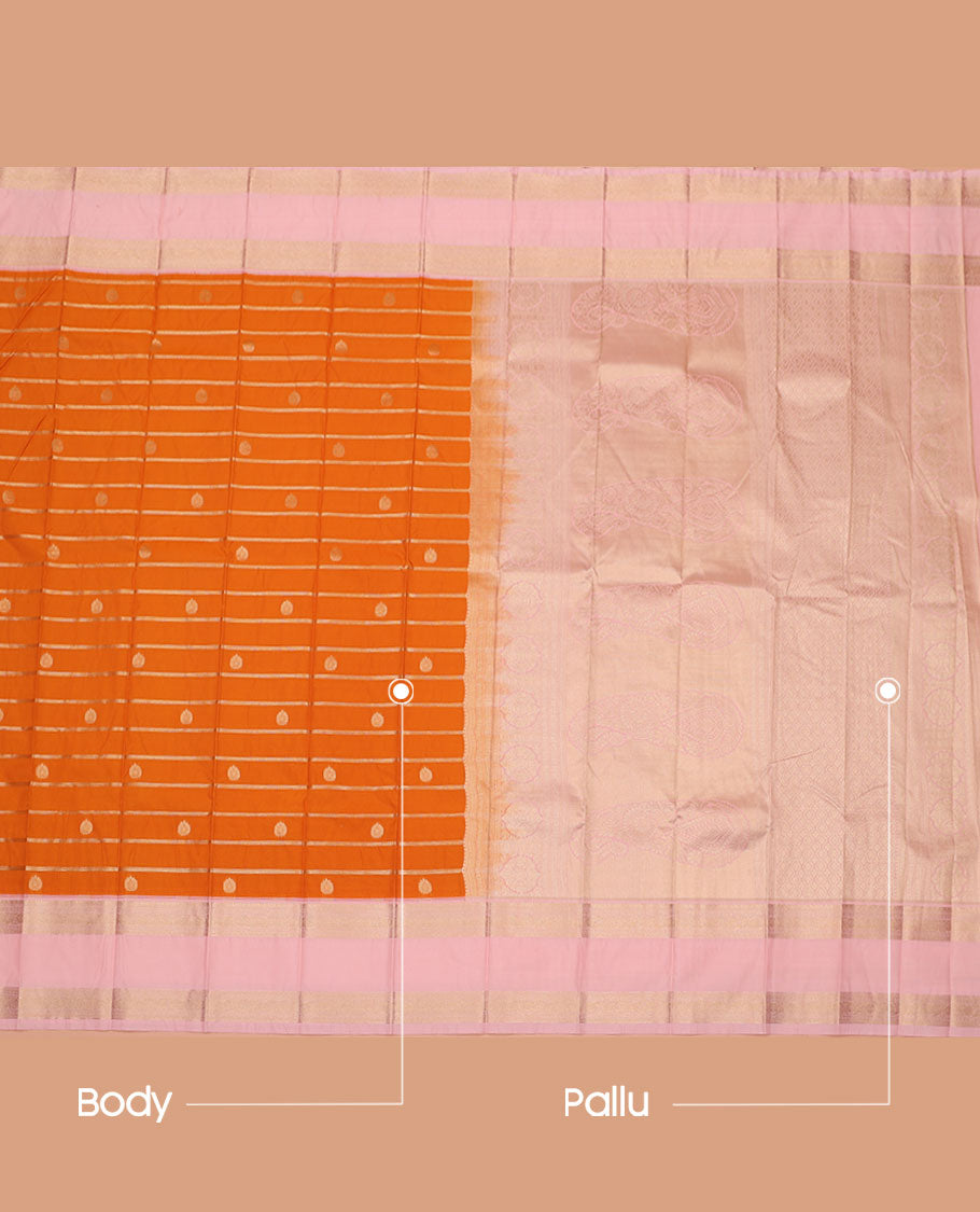 Orange Budget Silk Saree, Beautifully Bedecked with Zari Buttas and Zari Stripes All Over Its Body, Complemented by a Contrast Traditional Zari Design Rettai Pettu Border, Gleaming Pallu of Intricate Designs, and Paired with a Contrast Blouse