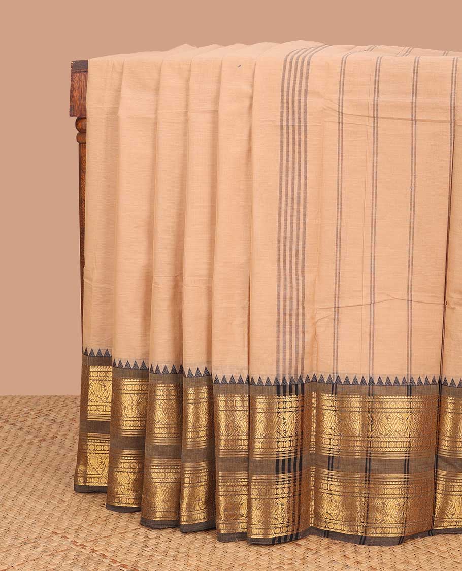 Sandal chettinad cotton saree with contrast rettai pettu zari design border & striped pallu