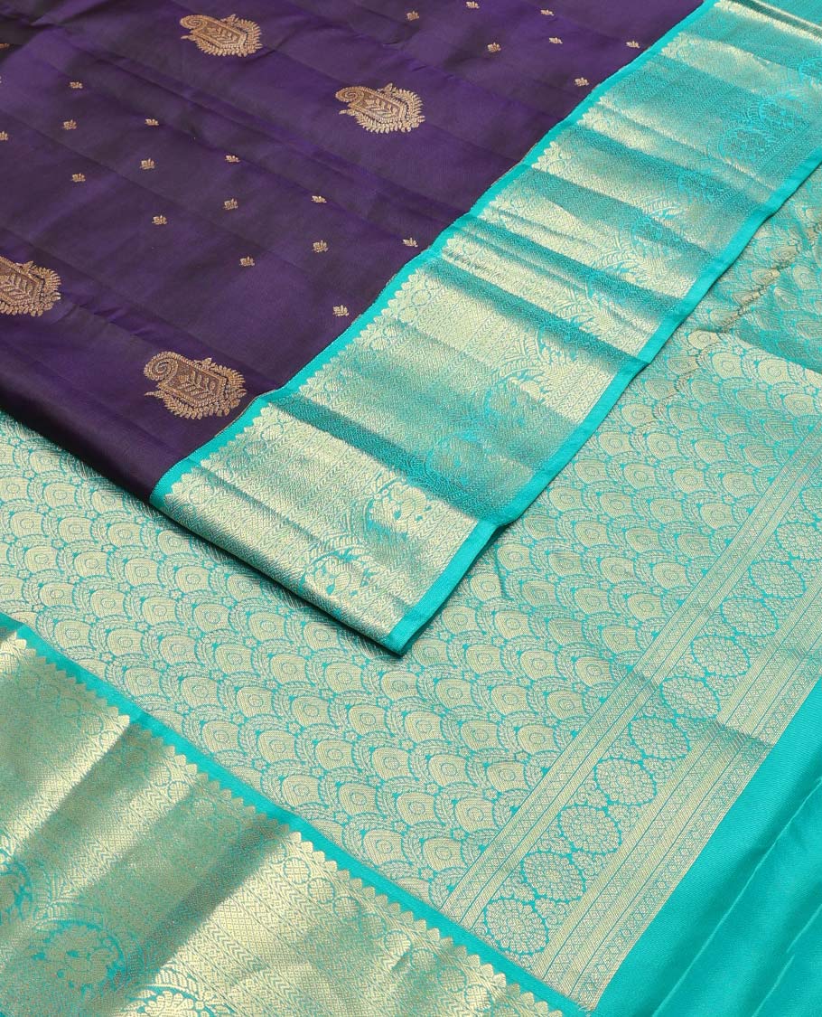 Violet zari buttas Vasundhara silk mix saree, contrast traditional zari design border & pallu of scallop zari patterns