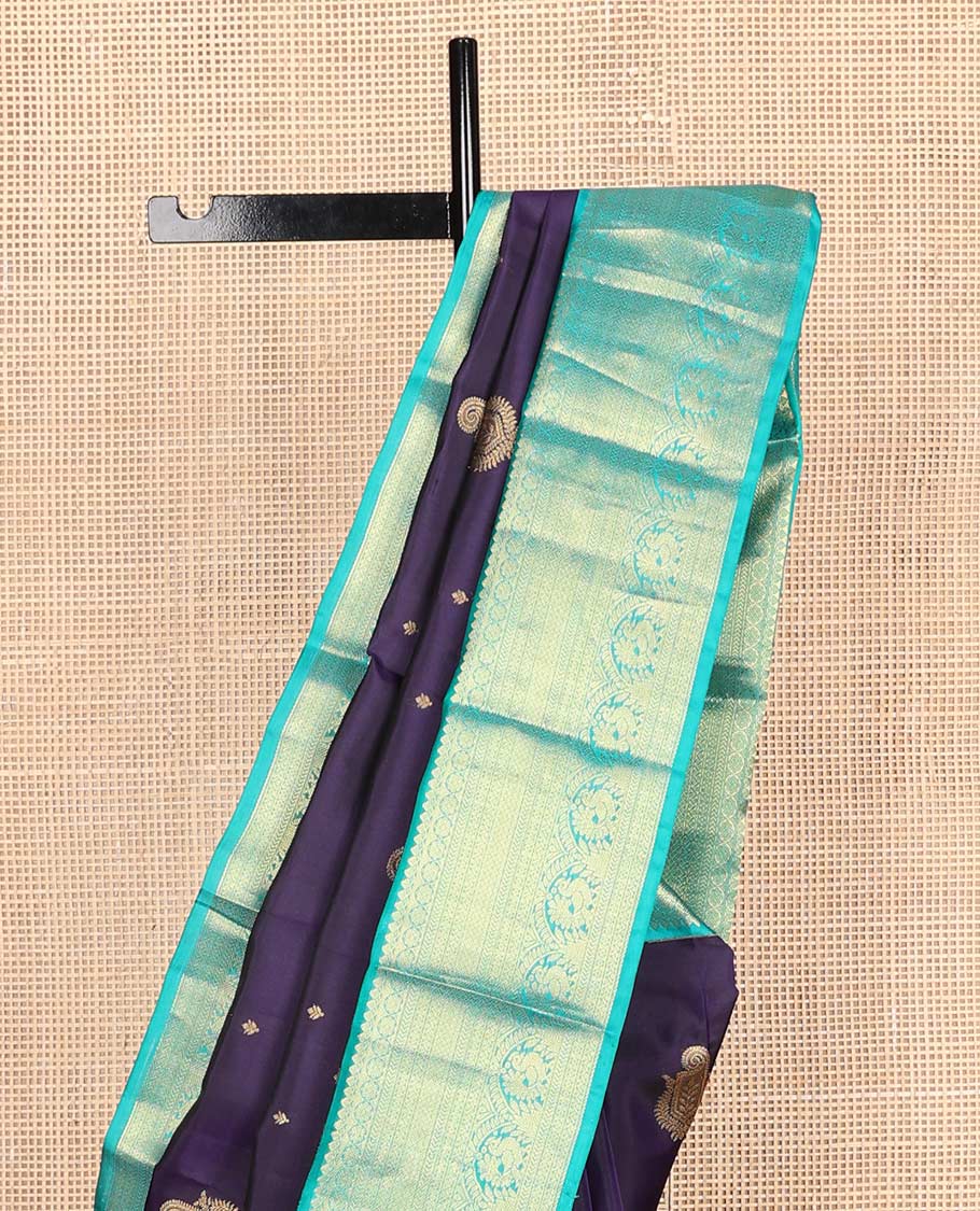 Violet zari buttas Vasundhara silk mix saree, contrast traditional zari design border & pallu of scallop zari patterns