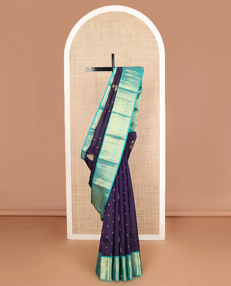 Violet zari buttas Vasundhara silk mix saree, contrast traditional zari design border & pallu of scallop zari patterns