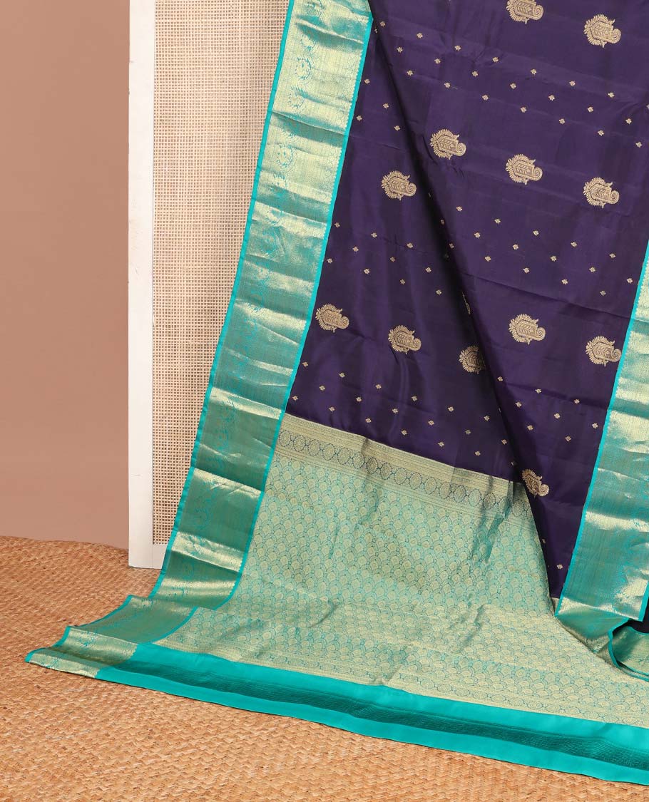 Violet zari buttas Vasundhara silk mix saree, contrast traditional zari design border & pallu of scallop zari patterns