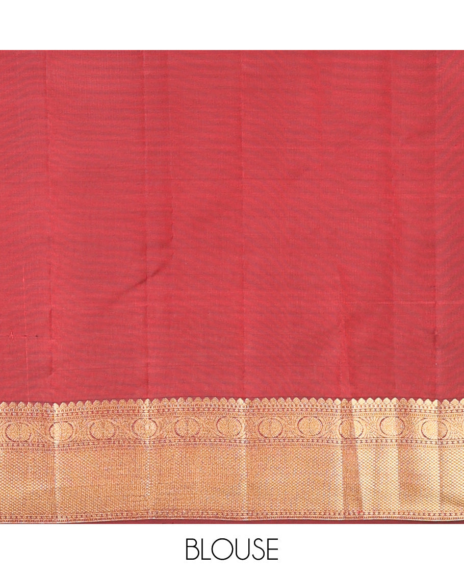 Maroon zari buttas Vasundhara silk mix saree, zari border of thilakam mokku, kodi viisry, and mayil kann, and pallu of iruthalai pakshi and geometric pattrens