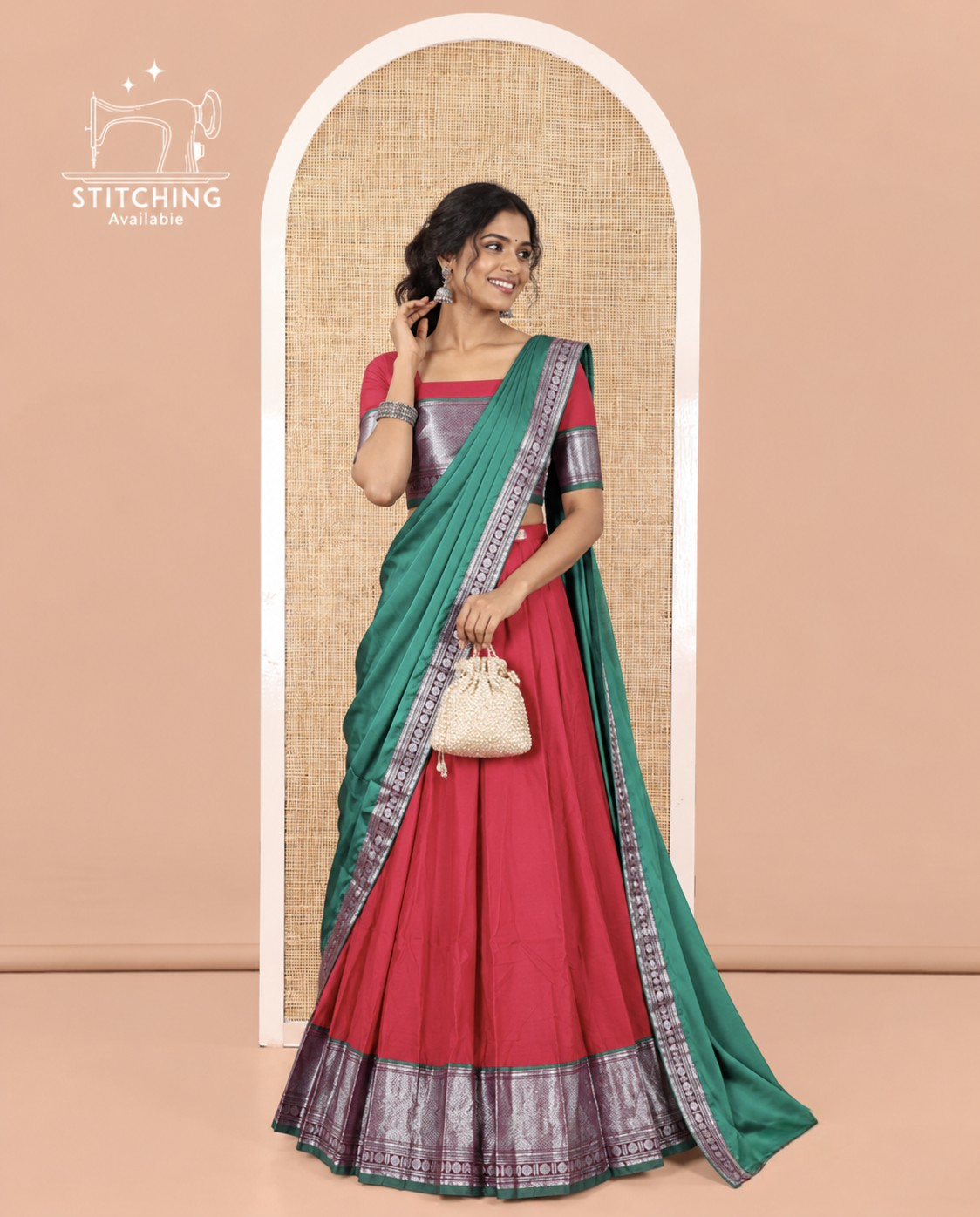 Tomato Red-Green Mercerised Cotton Half-Saree Features Plain with Contrast Traditional Zari Bordered Skirt, Paired with a Matching Blouse, and Comes with a Contrast Bordered Dhavani