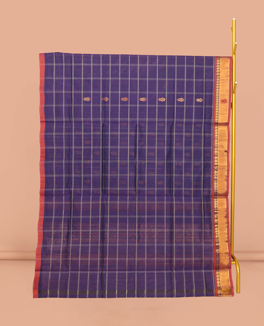 Blue Venkatagiri Cotton Saree Showcasing Buttas and Checks, a Contrast Zari-Thread Border, a Pallu of Stripes, and No Blouse