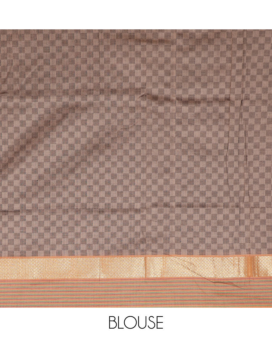 Purple checked design poly cotton saree, contrast traditional zari border of stripes & striped pallu