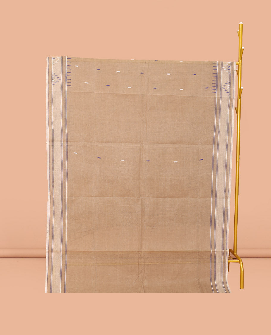 Pale Brown Bengal Cotton Saree, Delicately Woven with Thread Buttas, a Subtle Border, Pallu of Stripes and Buttas, and a Matching Blouse