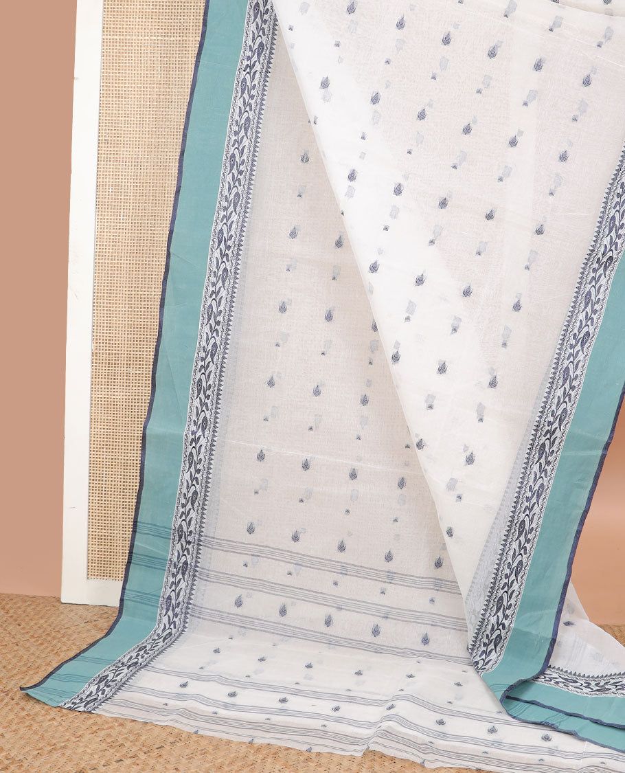White floral motifs bengal cotton saree with contrast floral design border & striped, motifs pallu