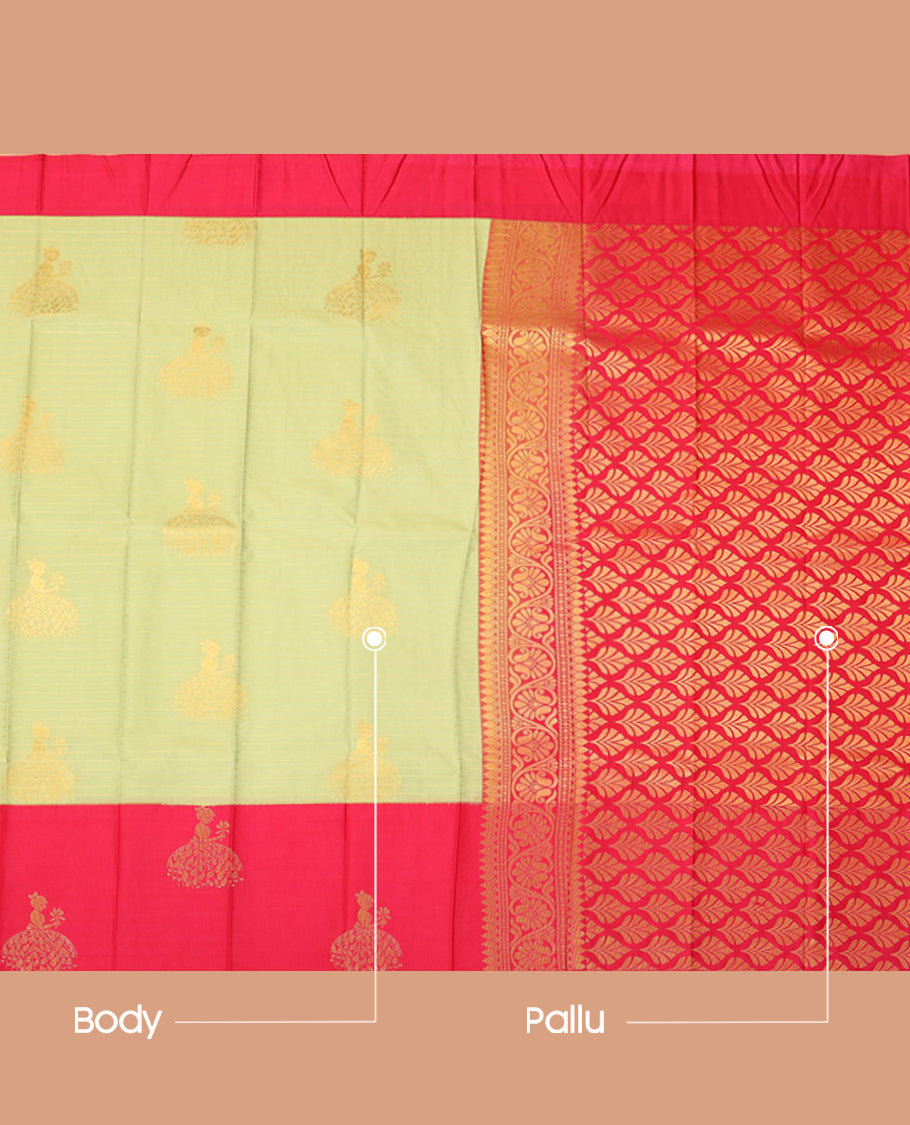 Pista Green Budget Silk Saree, Delicately Woven with Zari Buttas and Stripes, Complemented by Contrast Girl Zari Motif Border, a Grand Pallu and a Contrast Blouse
