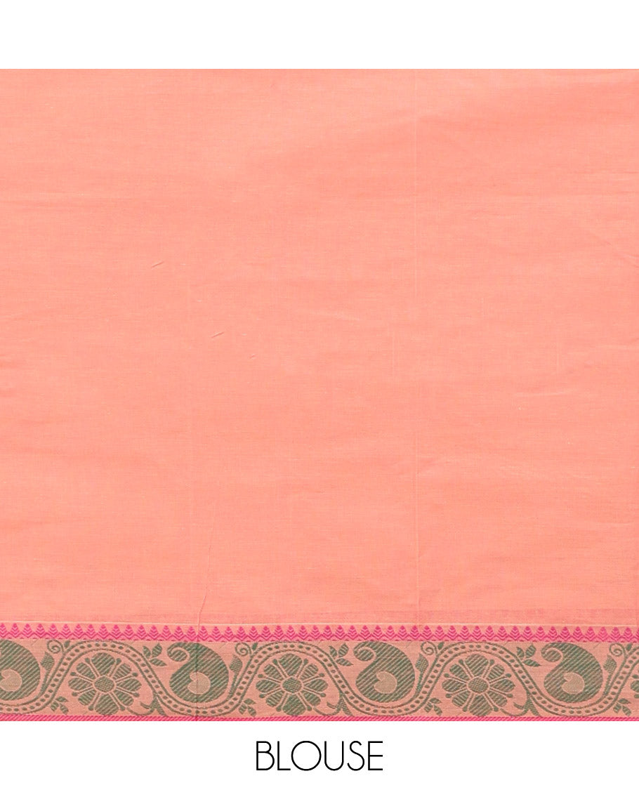 Peach Kanchi Cotton Saree, Woven with Buttas, Complemented by a Floral Creeper Border, Pallu of Butta Enclosed Checks, and a Matching Blouse