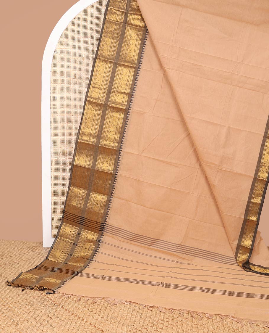 Sandal chettinad cotton saree with contrast rettai pettu zari design border & striped pallu