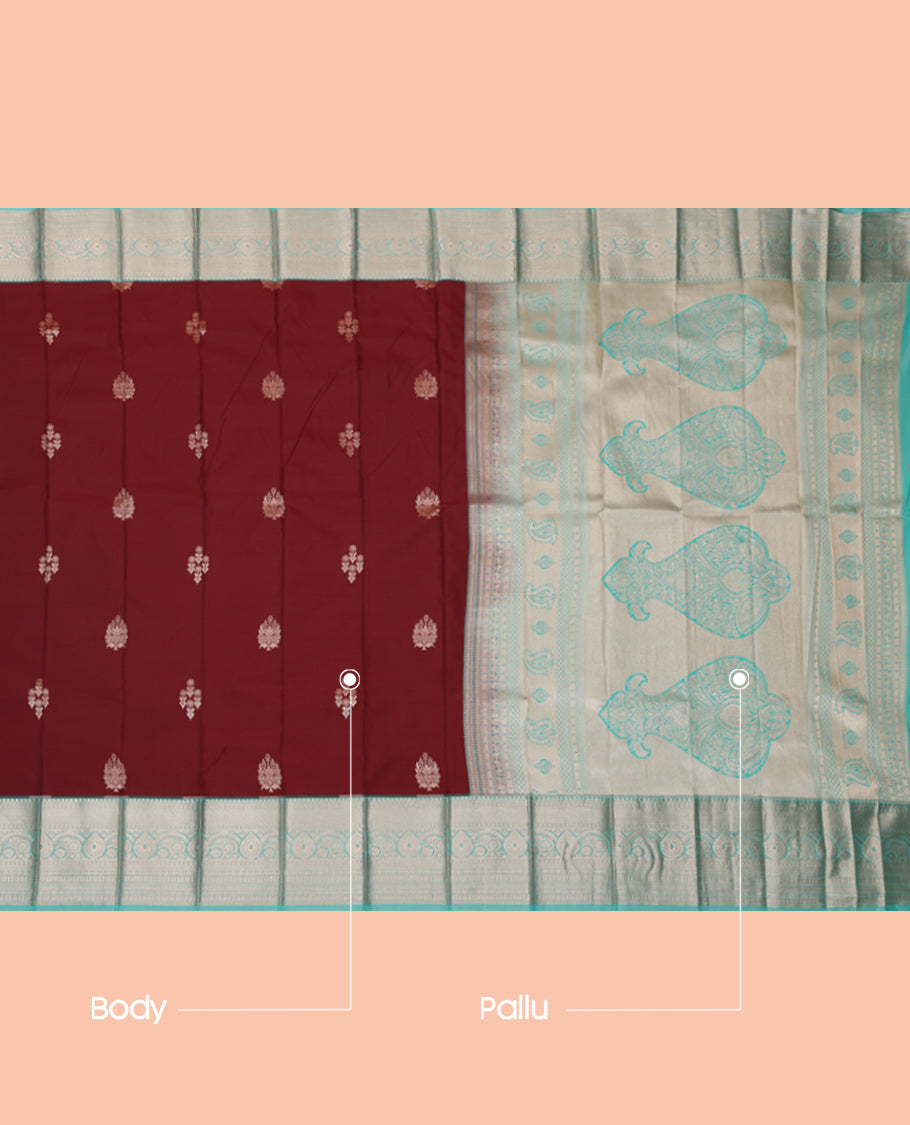 Maroon Budget Silk Saree, Masterfully Woven with Zari Buttas, Complemented by a Contrast Traditional Zari Border, Grand Pallu, and a Contrast Blouse
