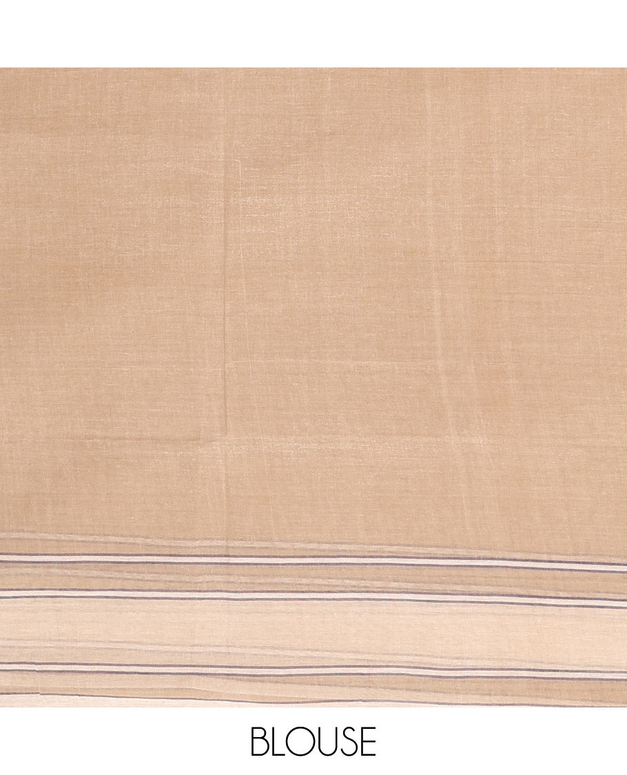 Pale Brown Bengal Cotton Saree, Delicately Woven with Thread Buttas, a Subtle Border, Pallu of Stripes and Buttas, and a Matching Blouse
