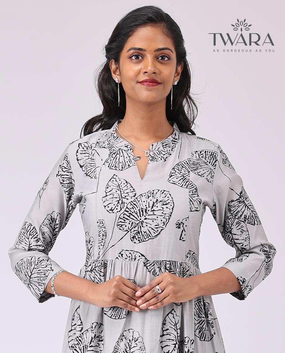 Twara Grey leaf printed v neck, 3/4 th sleeve , below knee lenght kurti