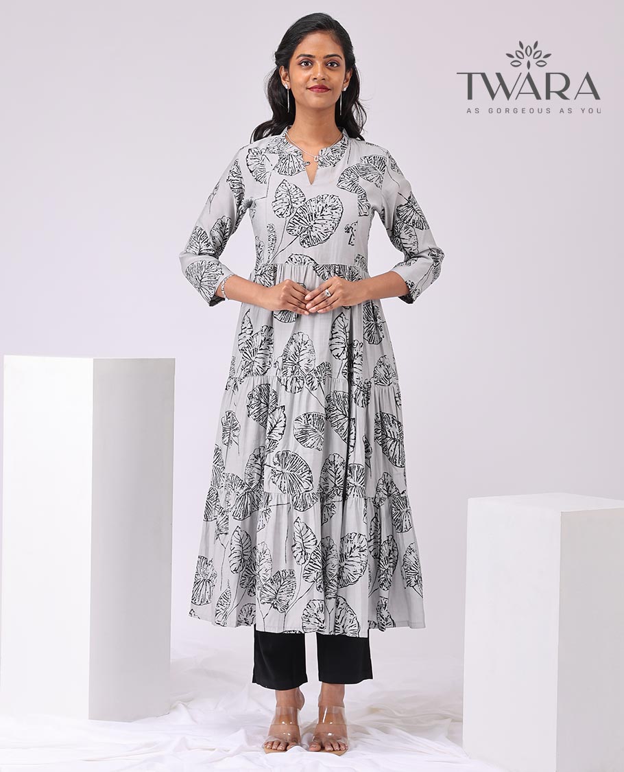 Twara Grey leaf printed v neck, 3/4 th sleeve , below knee lenght kurti