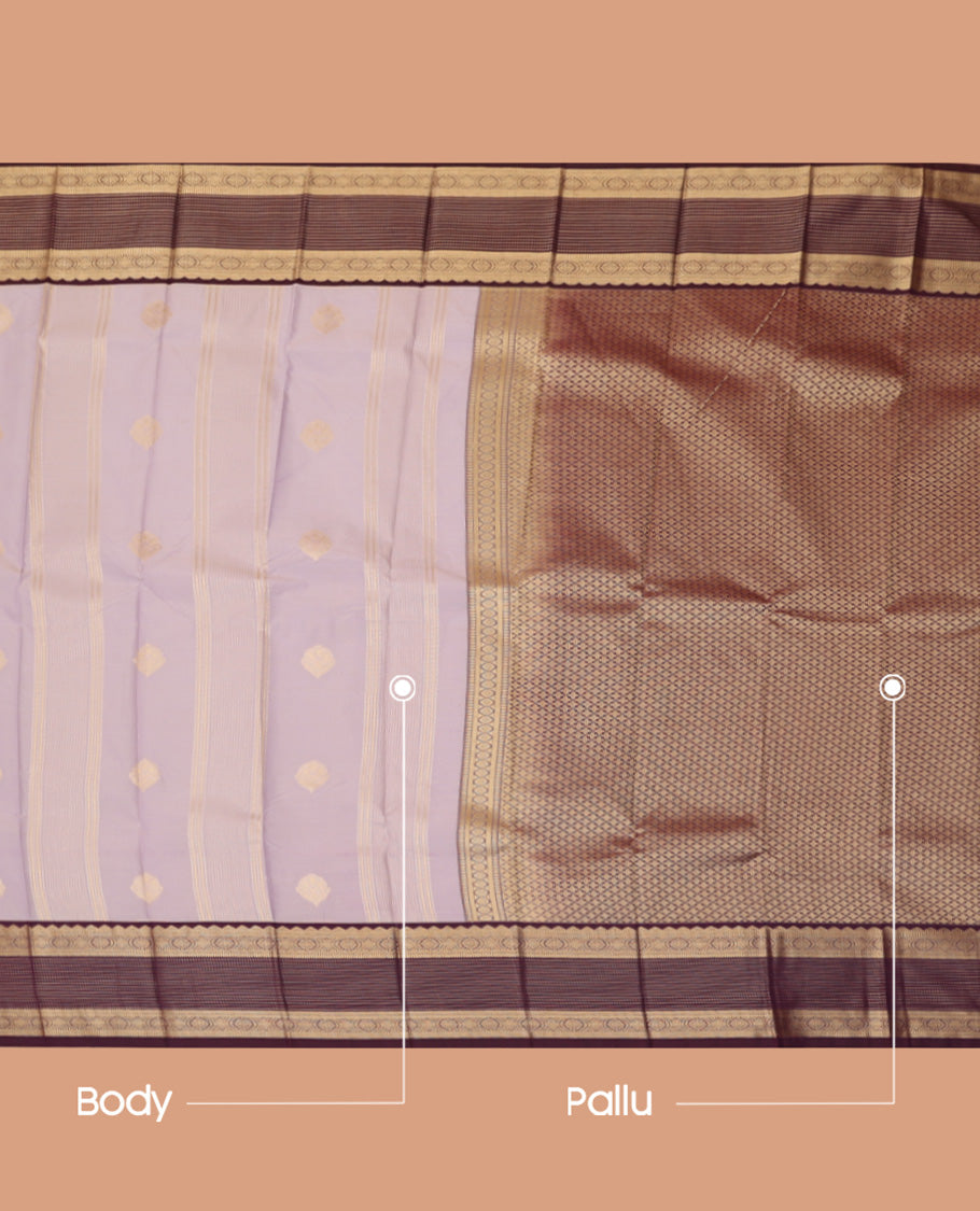 Grey Budget Silk Saree, Woven with Zari Buttas and Stripes, a Contrast Traditional Zari Border, Grand Pallu, and a Contrast Blouse