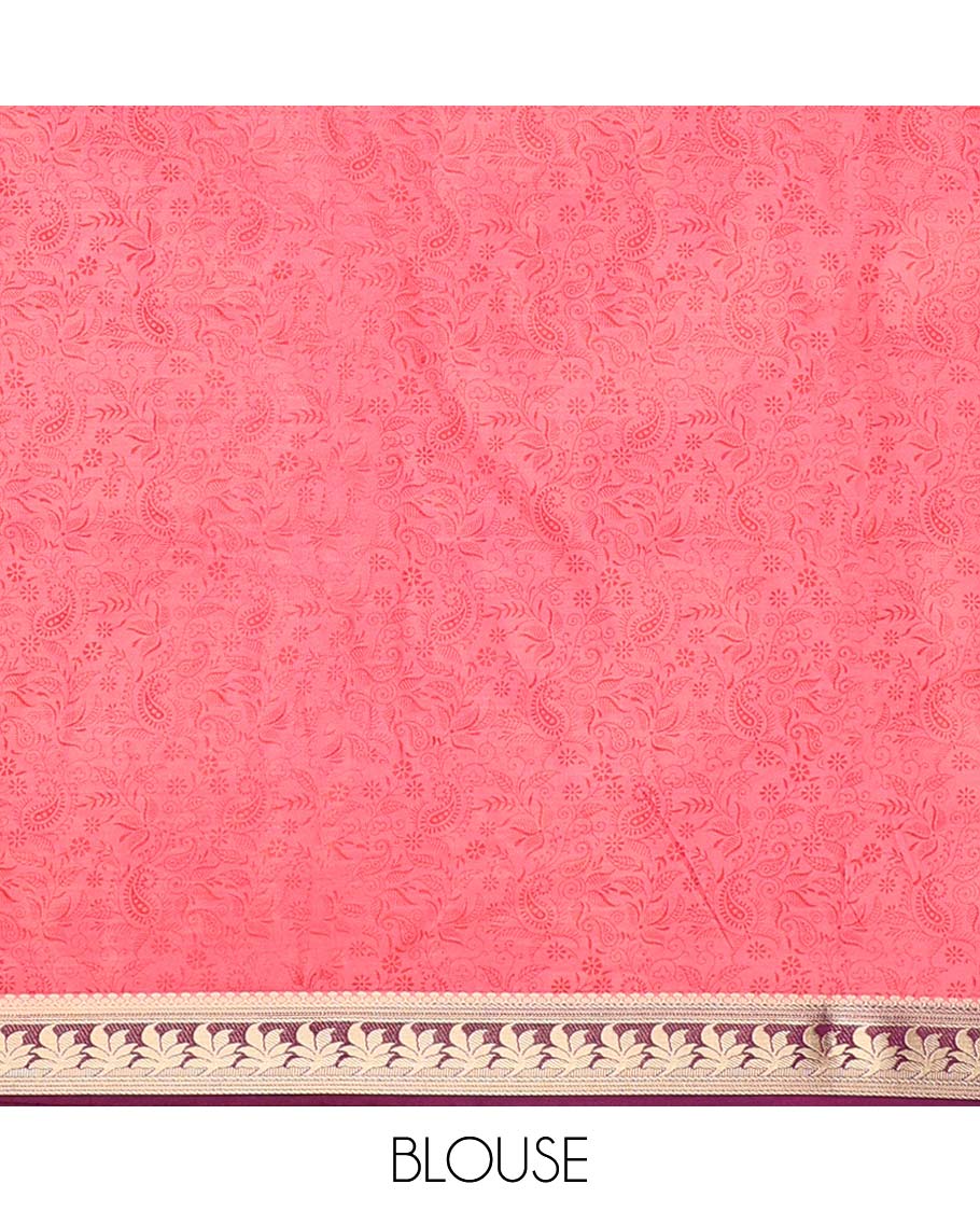 Pink paisley printed semi-banaras printed saree, contrast floral border & intricate pallu