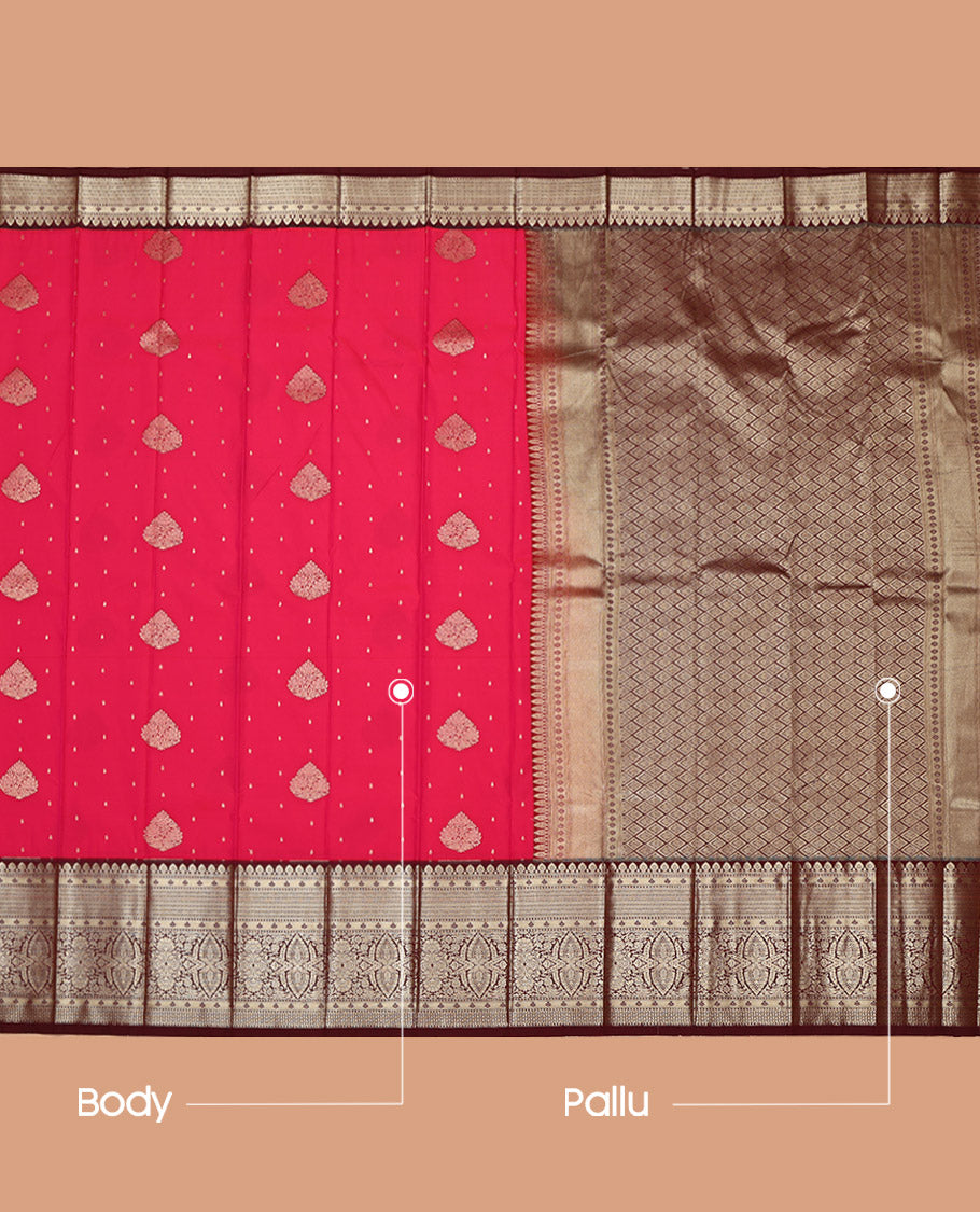Pink Budget Silk Saree, Woven with Zari Buttas on Its Body, Complemented by a Contrast Traditional Zari Design Border, Grand Jaal Pallu, and Paired with a Contrast Blouse