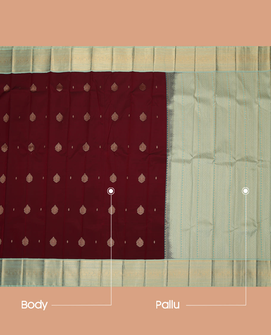 Maroon Budget Silk Saree, Ornamented with Zari Buttas, Complemented by a Contrast Traditional Zari Border, Grand Pallu, and Contrast Blouse