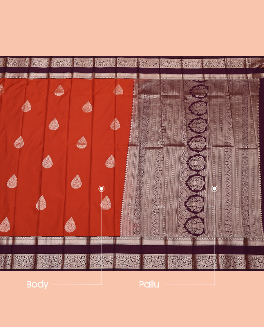 Orange Budget Silk Saree, Detailed with Zari Buttas All Over Its Body, Complemented by a Contrast Traditional Zari Design Rettai Pettu Border, Intricate Pallu, and Paired with a Contrast Blouse
