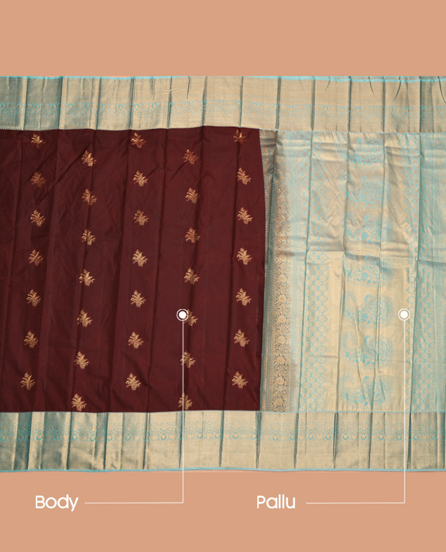 Brown Budget Silk Saree, Detailed with Zari Buttas, Complemented by a Contrast Traditional Border, Grand Pallu, and a Contrast Blouse