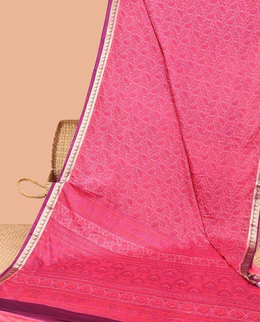 Pink paisley printed semi-banaras printed saree, contrast floral border & intricate pallu