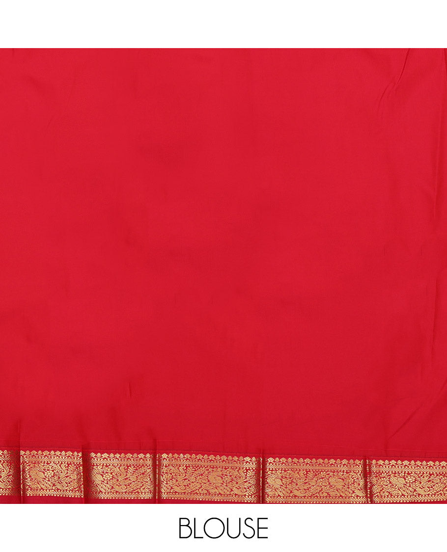 Green Budget Silk Saree, Ornamented with Peacock Buttas and Zari Stripes on Its Body, Complemented by a Contrast Traditional Zari Design Border, Grand Jaal Pallu, and Paired with a Contrast Blouse