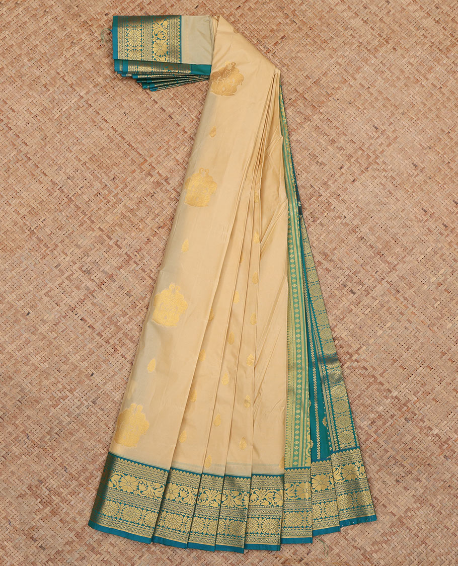 Sandal Budget Silk Saree, Showcasing Zari Buttas, Complemented by Contrast Traditional Zari Border, a Grand Pallu and a Contrast Blouse