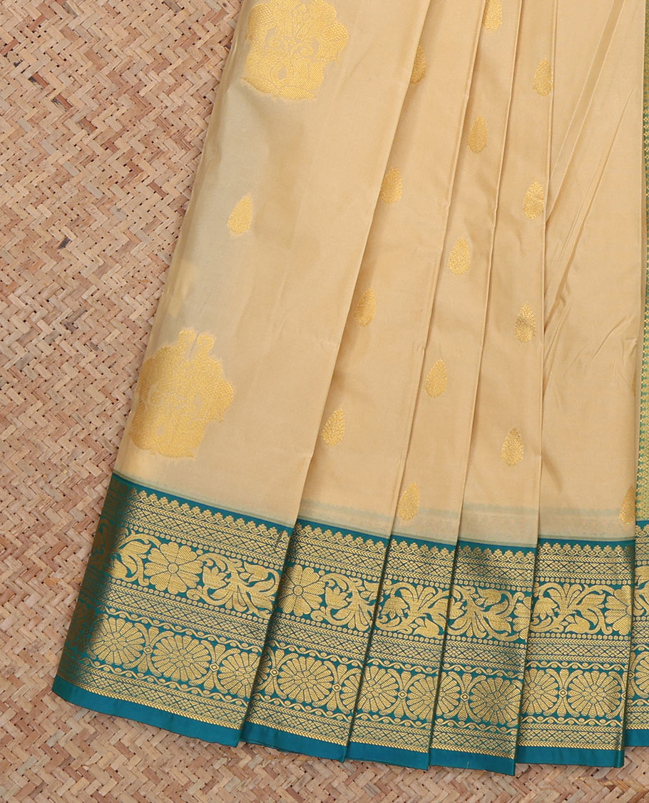 Sandal Budget Silk Saree, Showcasing Zari Buttas, Complemented by Contrast Traditional Zari Border, a Grand Pallu and a Contrast Blouse
