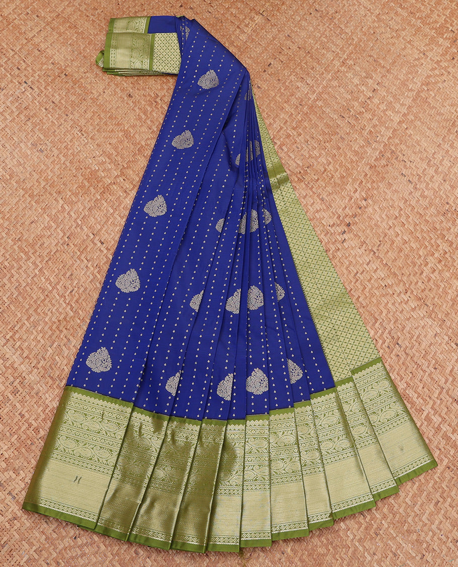 Blue Budget Silk Saree, Steeped with Zari Buttas, Complemented by a Contrast Traditional Zari Rettai Pettu Border, Jaal Pallu, and Contrast Blouse