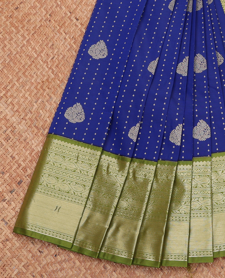 Blue Budget Silk Saree, Steeped with Zari Buttas, Complemented by a Contrast Traditional Zari Rettai Pettu Border, Jaal Pallu, and Contrast Blouse