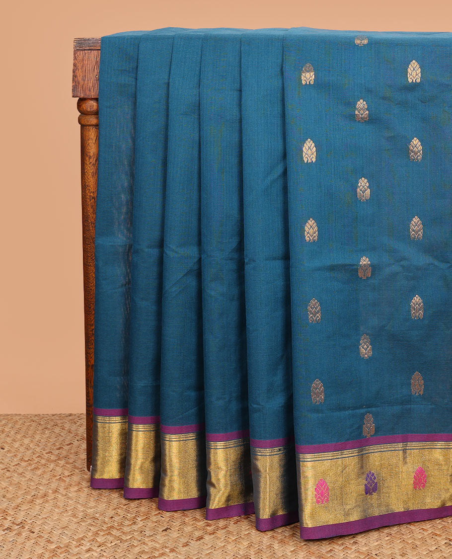 Blue zari buttas Venkatagiri cotton saree, contrast thread and zari border, and pallu of zari designs