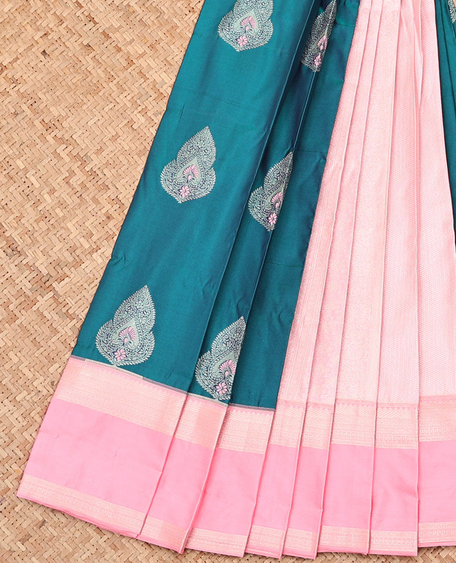 Blue Budget Silk Saree, Decked Up with Zari Buttas, Captivating Contrast Traditional Zari Design Rettai Pettu Border, Jaal Pallu, and Has a Contrast Blouse