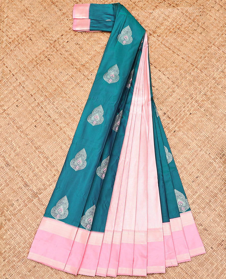 Blue Budget Silk Saree, Decked Up with Zari Buttas, Captivating Contrast Traditional Zari Design Rettai Pettu Border, Jaal Pallu, and Has a Contrast Blouse