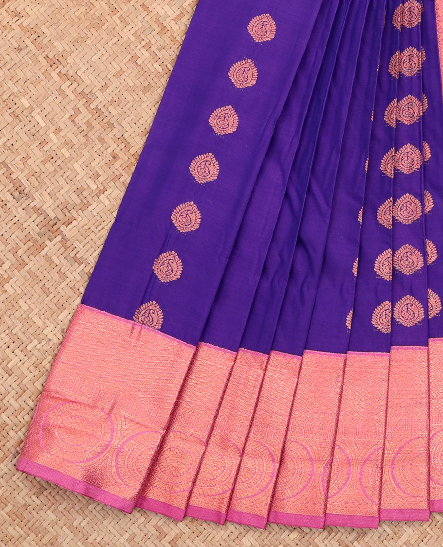 Blue Budget Silk Saree, Decorated with Buttas All Over Its Body, Complemented by a Contrast Traditional Zari Design Border, Pallu of Jaal Designs, and Paired with a Contrast Blouse