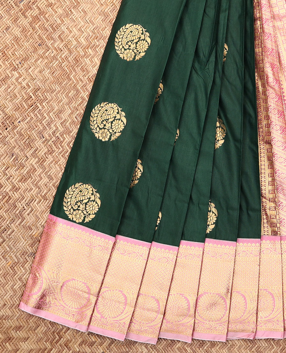Green Budget Silk Saree, Enriched with Zari Buttas, Complemented by Contrast Traditional Zari Border, an Intricate Pallu and a Contrast Blouse
