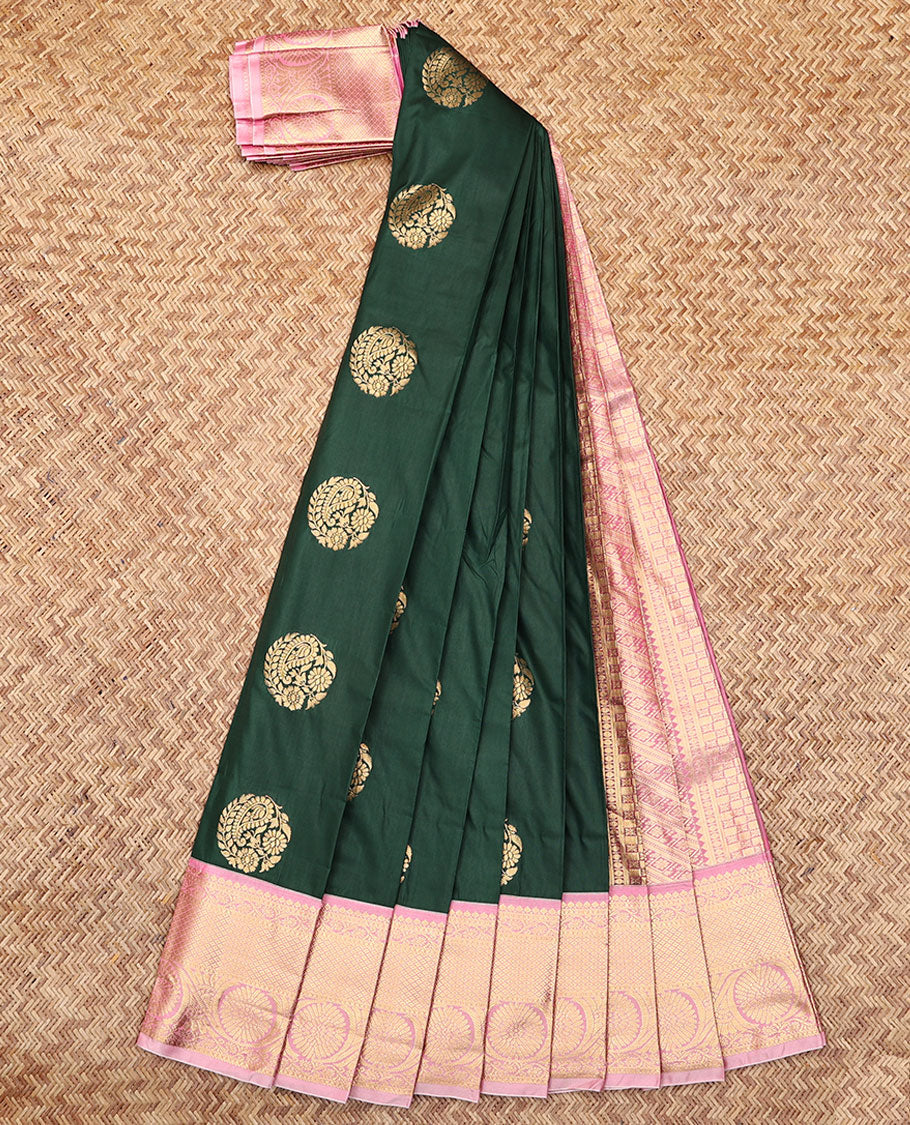 Green Budget Silk Saree, Enriched with Zari Buttas, Complemented by Contrast Traditional Zari Border, an Intricate Pallu and a Contrast Blouse