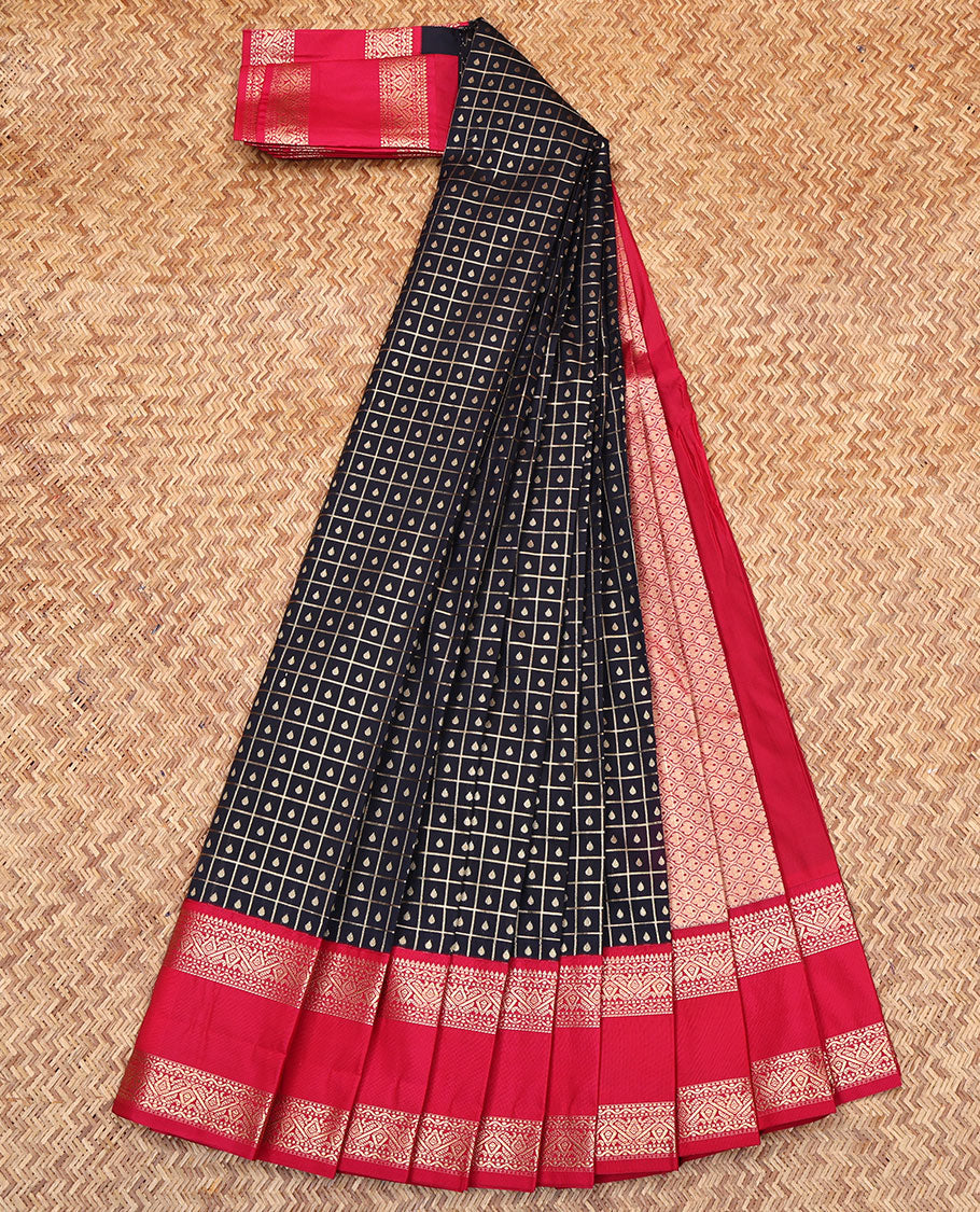 Black Budget Silk Saree, Majestically Detailed with Zari Butta Enclosed Checks on Its Body, Complemented by a Contrast Traditional Zari Designs Woven Rettai Pettu Border, Grand Pallu of Jaal Designs, and Paired with a Contrast Blouse