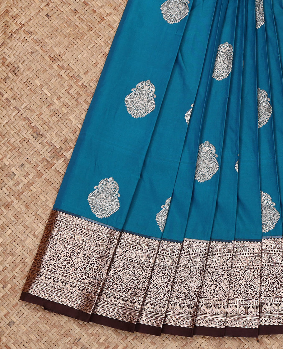 Blue Budget Silk Saree, Gleamed Up with Zari Buttas All Over Its Body, Complemented by a Contrast Traditional Zari Design Border, Intricate Pallu, and Paired with a Contrast Blouse