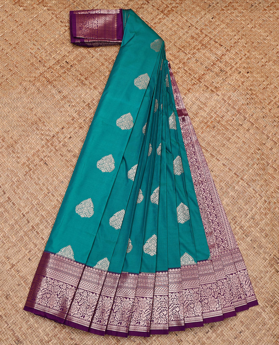 Blue Budget Silk Saree, Spotlighted with Zari Buttas, Complemented by Contrast Traditional Border, Grand Pallu and a Contrast Blouse