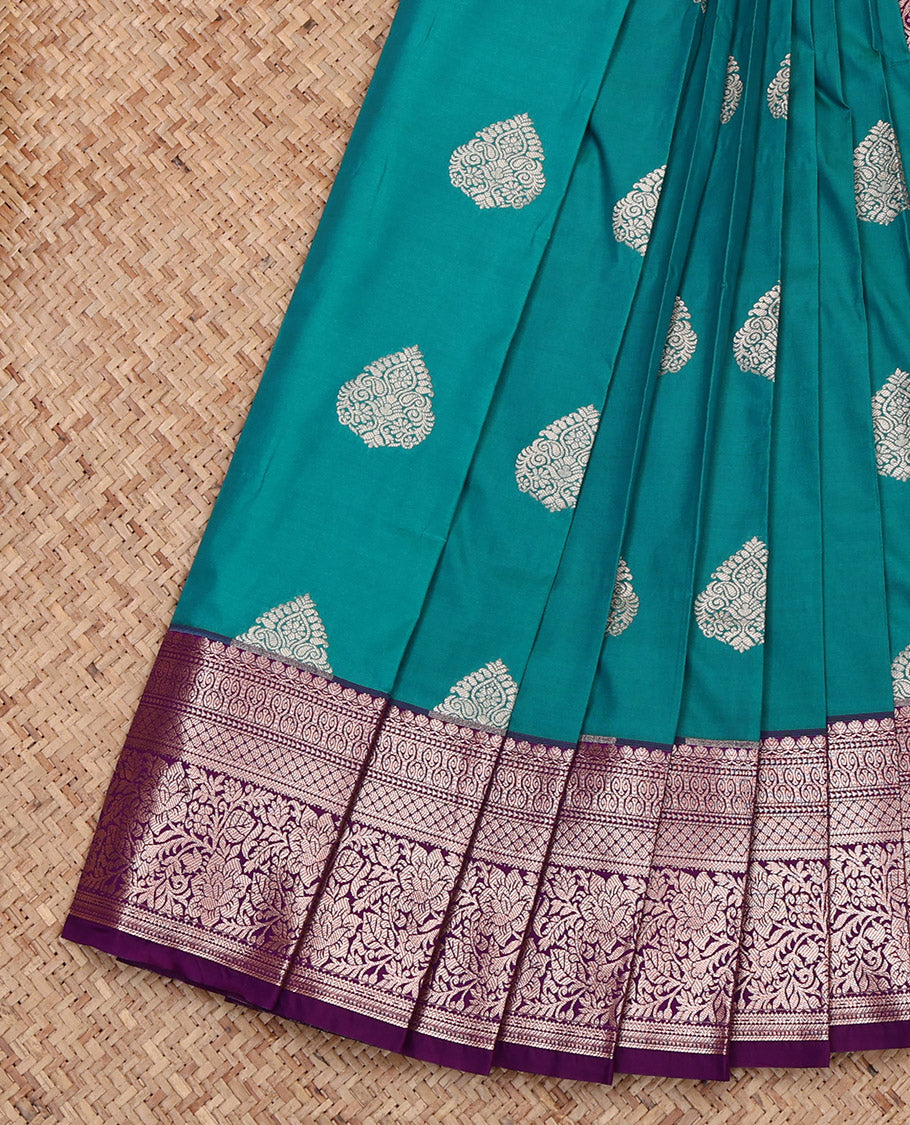Blue Budget Silk Saree, Spotlighted with Zari Buttas, Complemented by Contrast Traditional Border, Grand Pallu and a Contrast Blouse