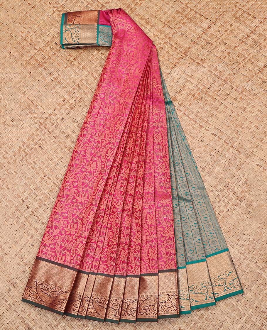 Pink Budget Silk Saree, Ornamented with Jacquard Design, Complemented by a Contrast Traditional Zari Border, Grand Pallu, and a Contrast Blouse