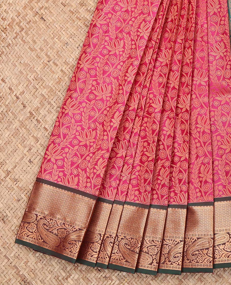 Pink Budget Silk Saree, Ornamented with Jacquard Design, Complemented by a Contrast Traditional Zari Border, Grand Pallu, and a Contrast Blouse