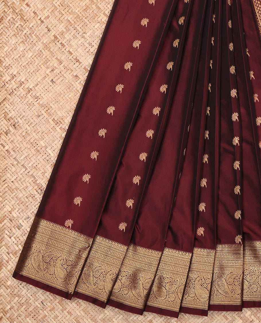 Maroon Budget Silk Saree, Adorned with Zari Buttas, Highlighted by a Traditional Zari Border, Intricate Pallu, and a Matching Blouse