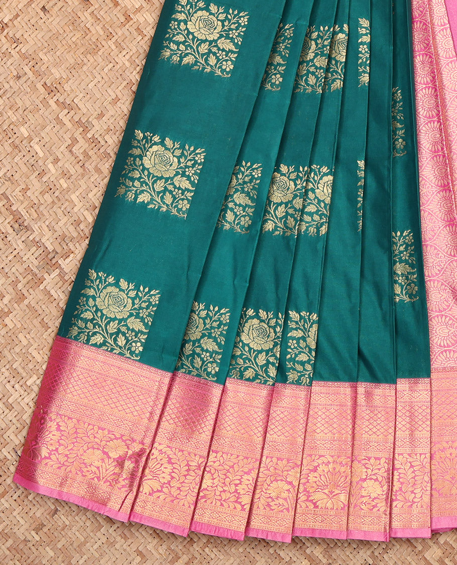 Green Budget Silk Saree, Crafted with Zari Buttas, Complemented by a Contrast Traditional Border, Grand Pallu, and a Contrast Blouse