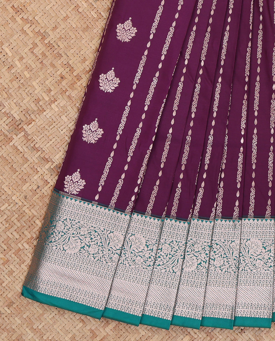 Violet Budget Silk Saree, Embellished with Zari Designs, Complemented by a Contrast Traditional Zari Border, Grand Pallu, and a Contrast Blouse